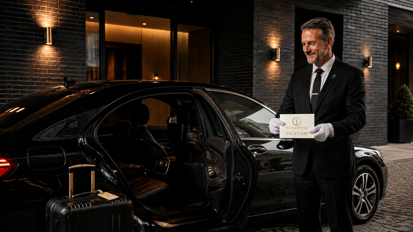 TiLimousine chauffeur with welcome sign beside a black luxury sedan