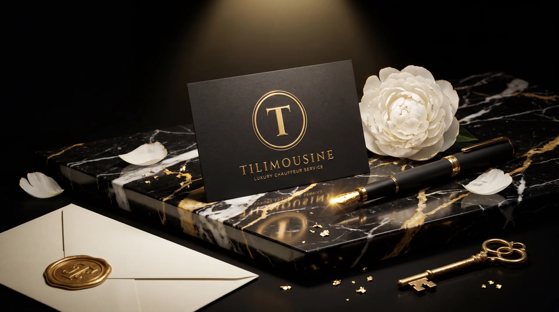 TiLimousine business card on black marble with gold branding — luxury chauffeur service Boston