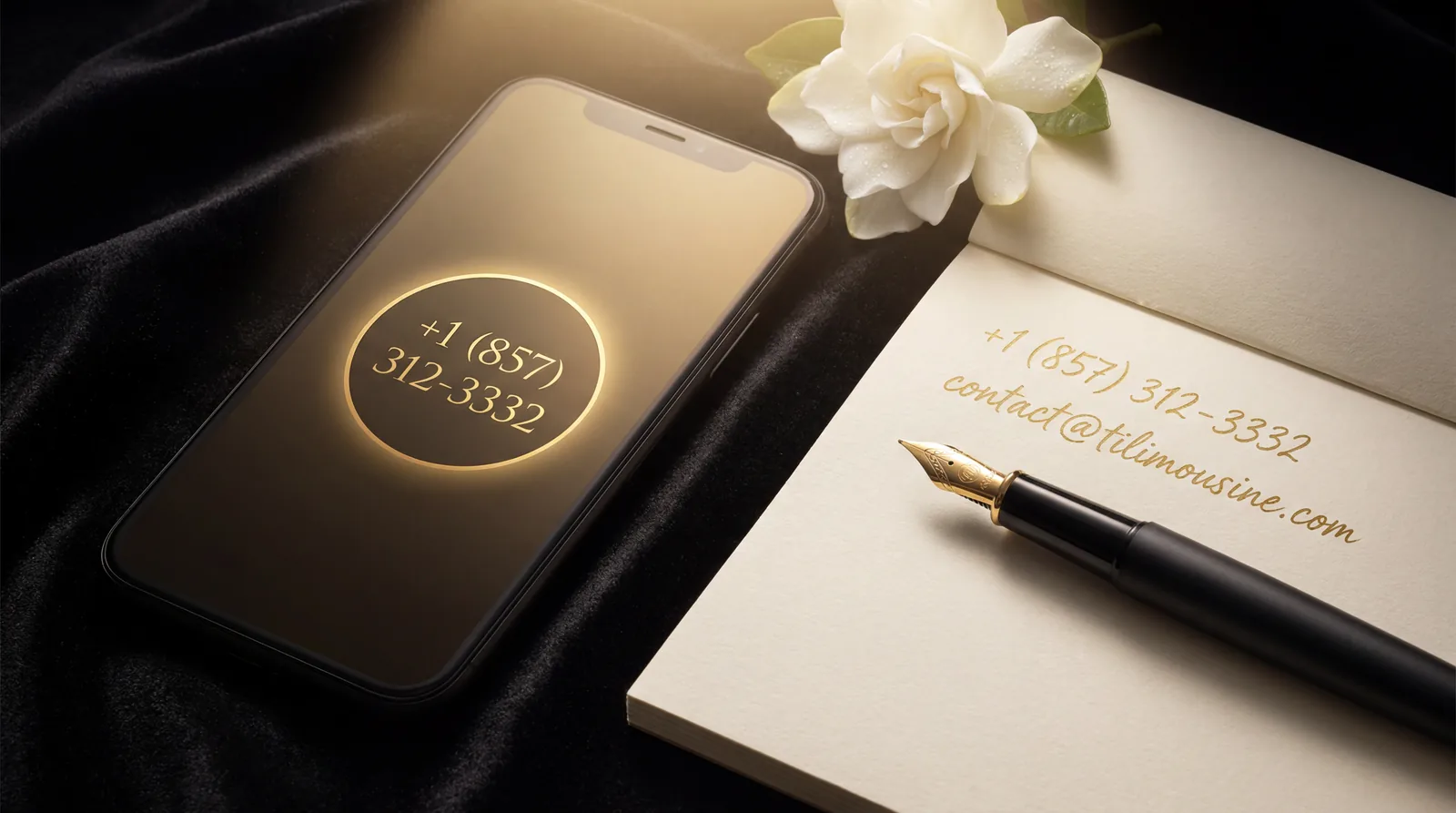 TiLimousine contact details on luxury stationery — phone and email for Boston private chauffeur service