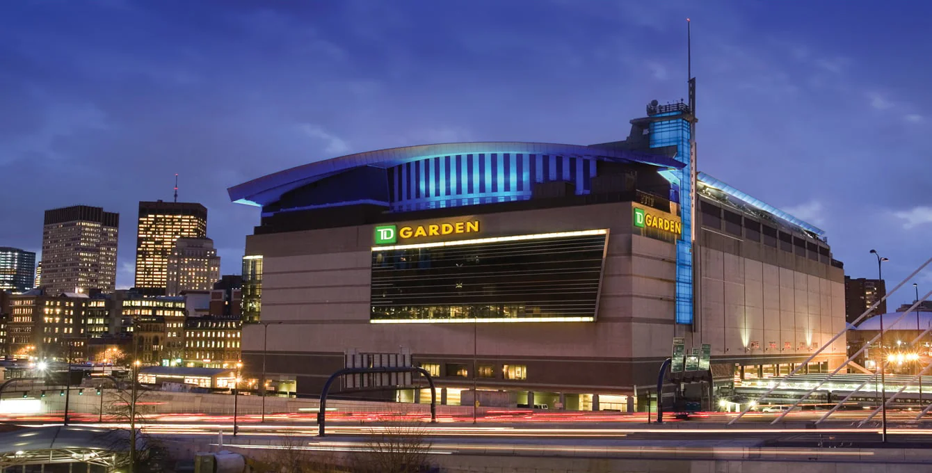 TD Garden arena on Causeway Street at night - TiLimousine private car service Boston