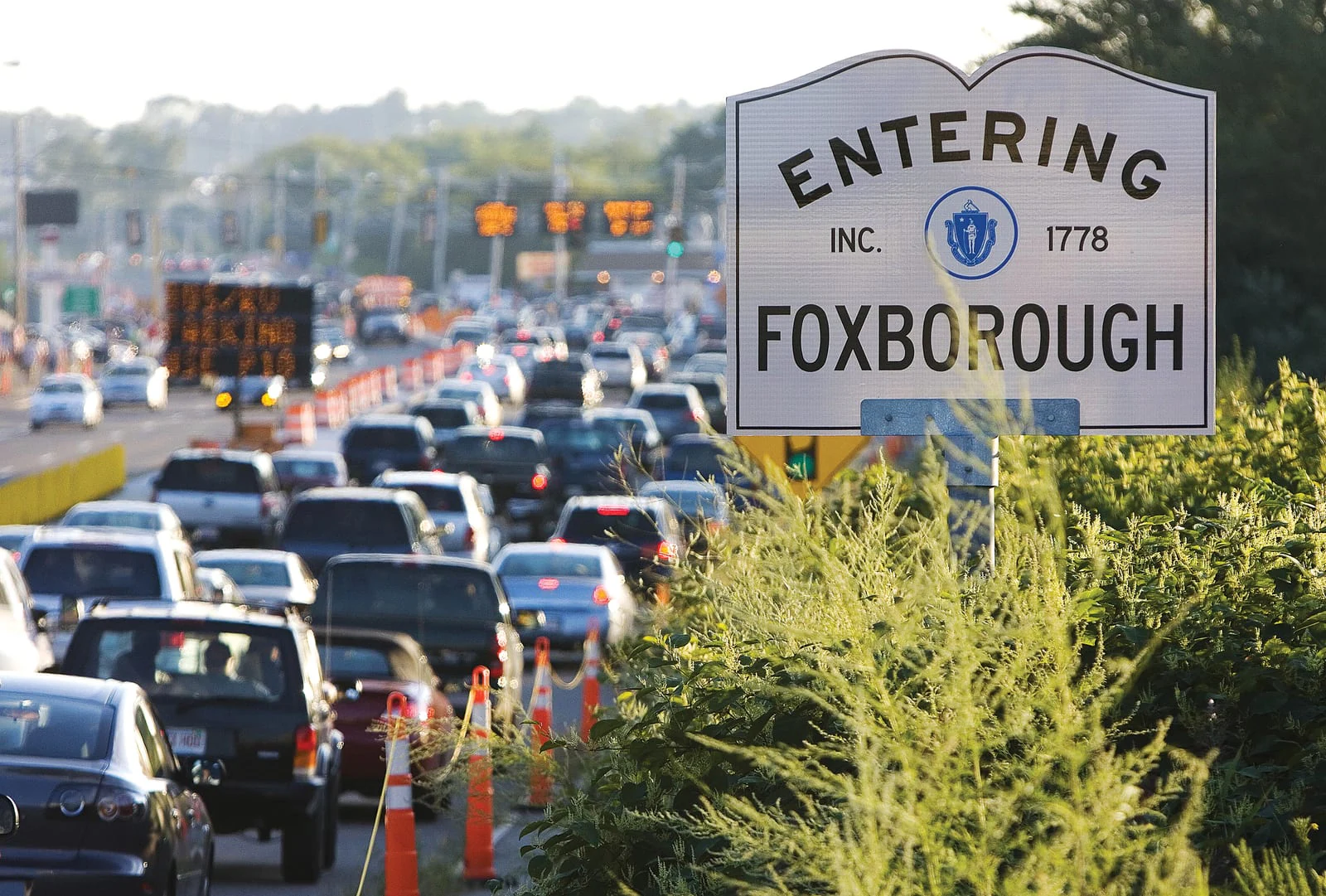 Heavy traffic congestion on Route 1 entering Foxborough near Gillette Stadium