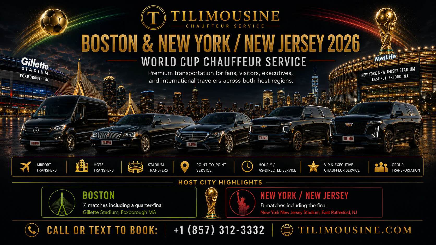 TiLimousine World Cup 2026 chauffeur service — Boston Gillette Stadium and MetLife Stadium New York New Jersey